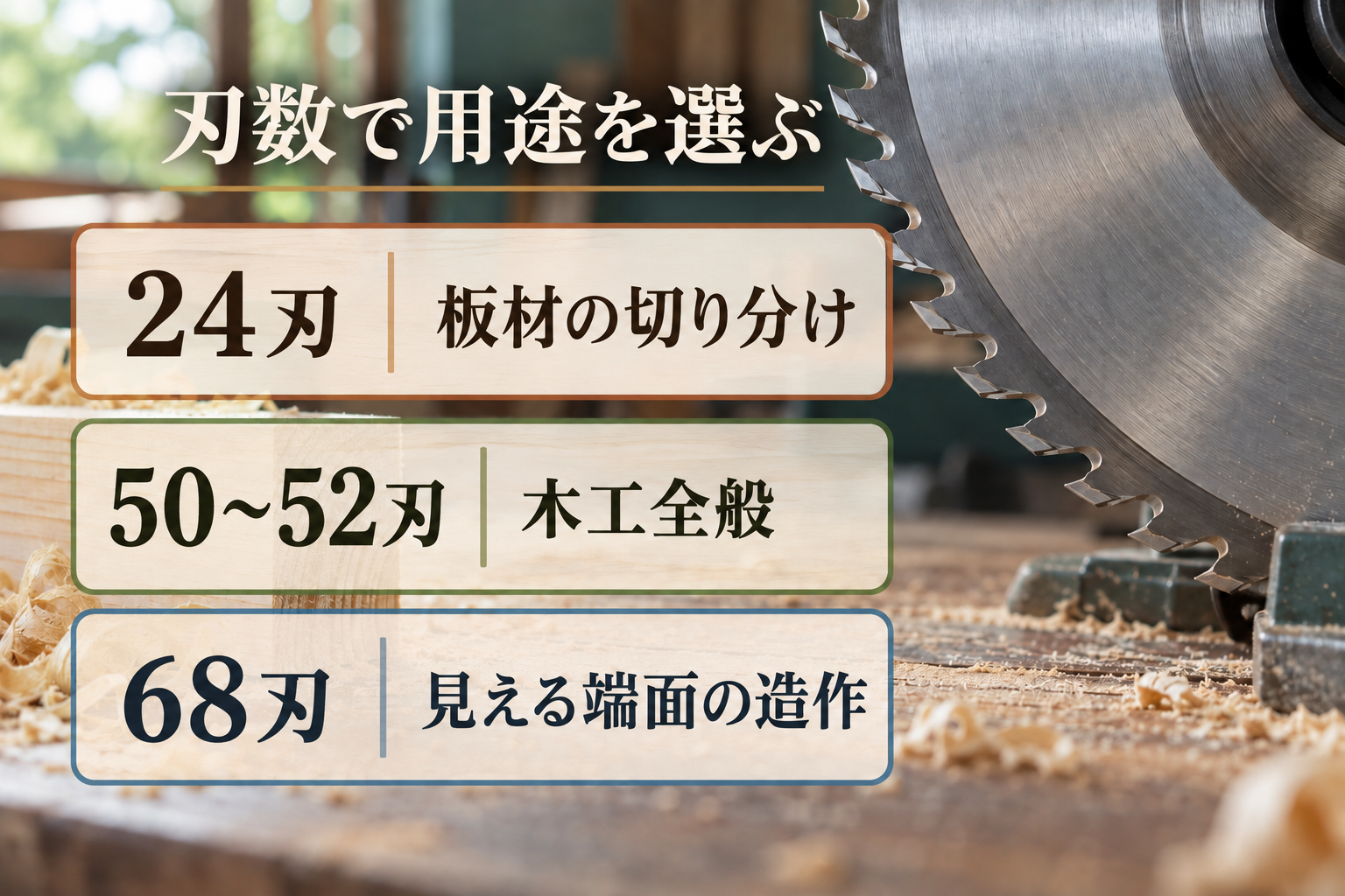 147mm木工用チップソーは24刃が切り分け、50～52刃が一般木工、68刃が端面を見せる造作を考える目安