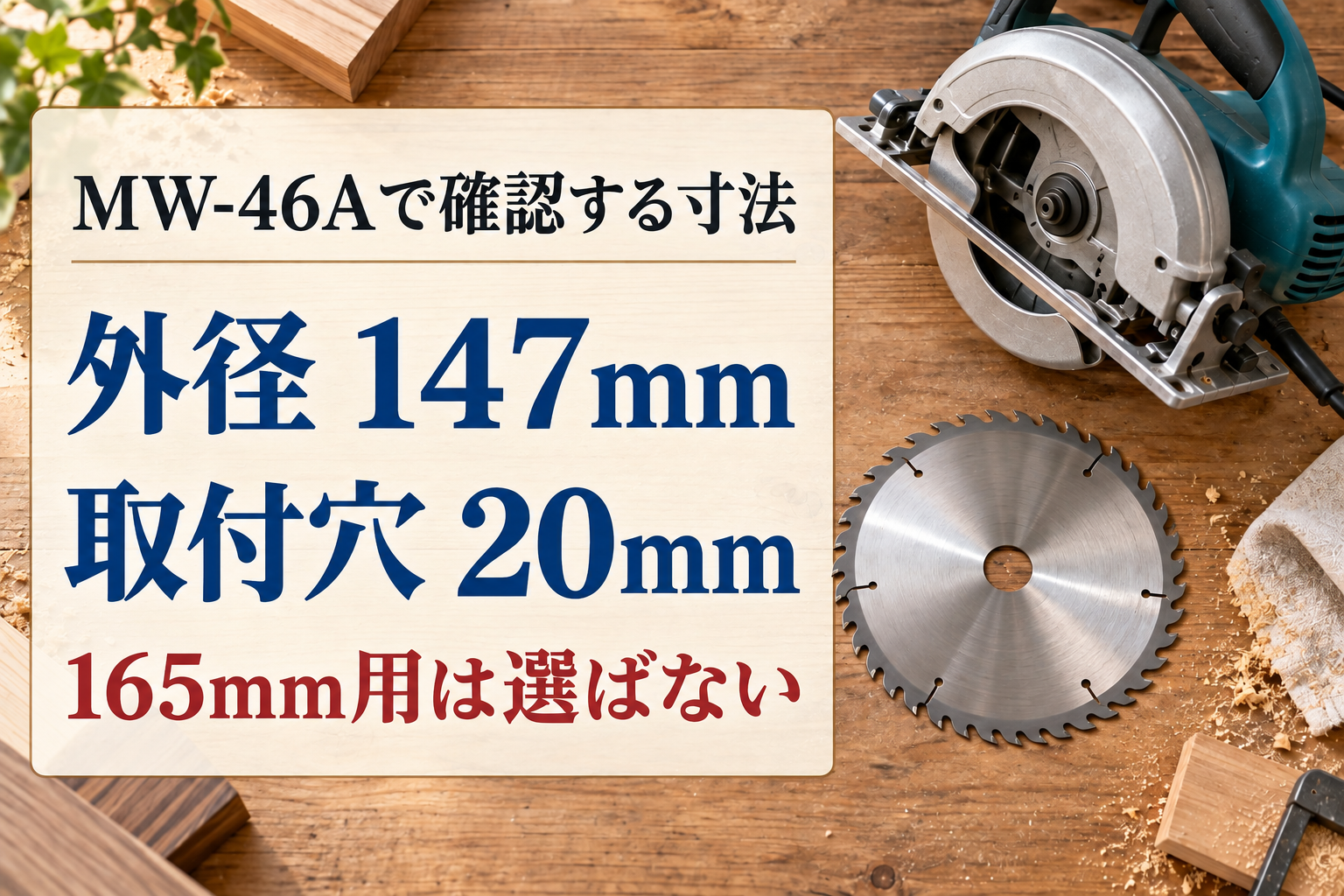 MW-46Aの替刃選びでは外径147mmと取付穴20mmを確認。165mm用は指定外径と異なる
