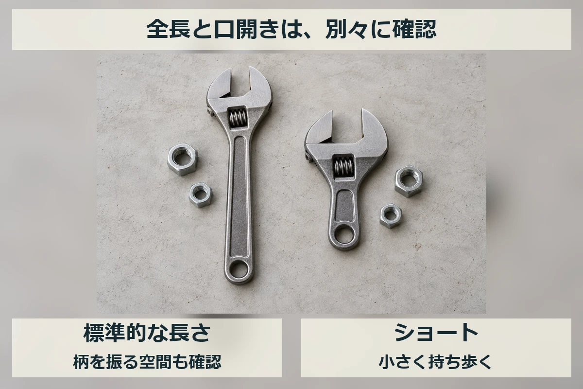 長い柄と短い柄のモンキーレンチを並べ、本体の長さと口開きは別々に確認することを示す図解イメージ
