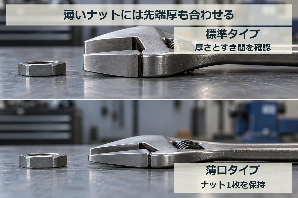 標準的な厚さのあごと薄いあごを横から比較し、薄いナットには先端厚を合わせることを示す図解イメージ