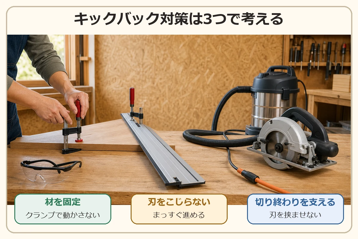 丸ノコのキックバック対策として材料固定、刃をこじらないこと、切り終わりの支えを示した図解