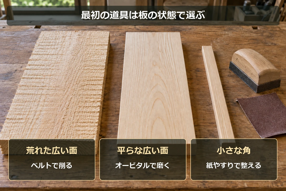 荒れた広い板はベルトサンダー、平らな広い板はオービタルサンダー、小さな角は紙やすりを選ぶ目安の図解