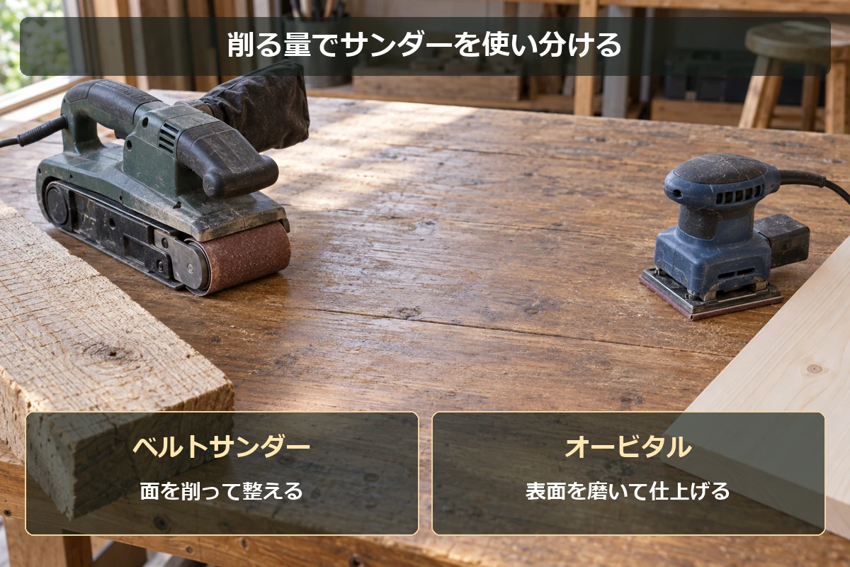 生成した木工作業場の図解。ベルトサンダーは面を削り、オービタルサンダーは表面を仕上げる役割を示す