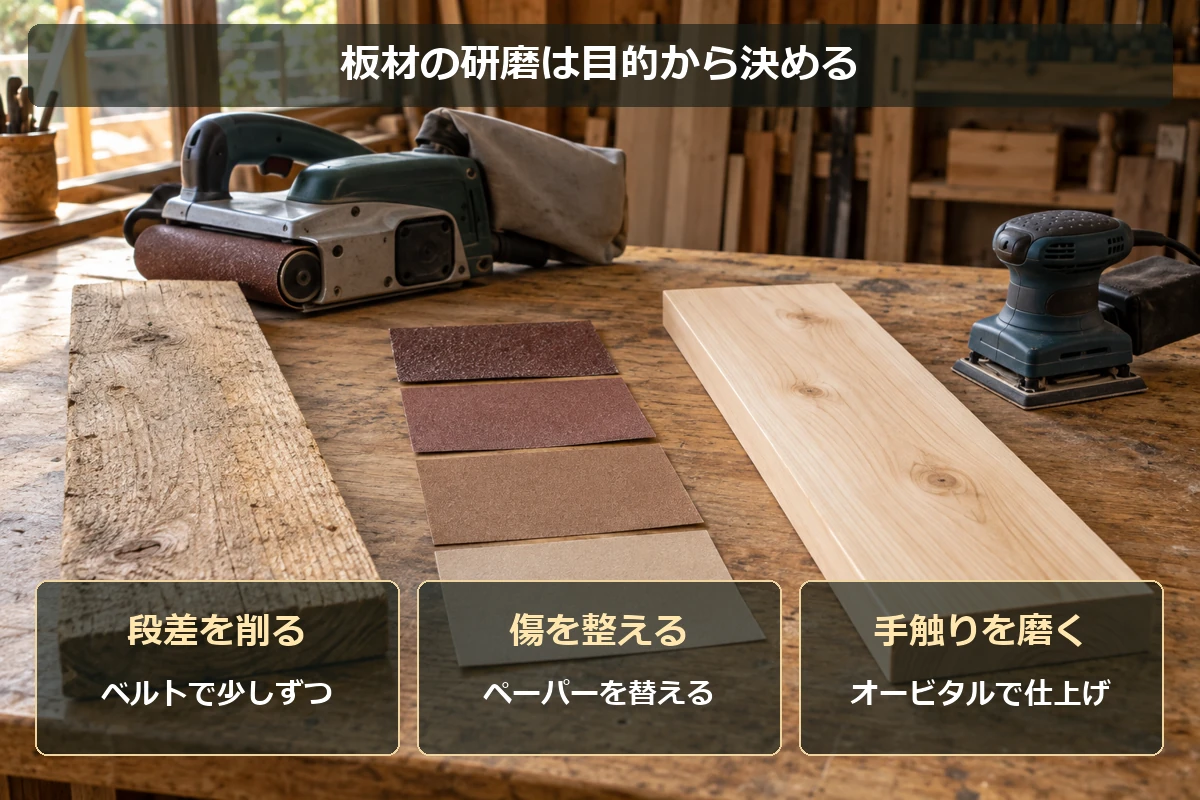 生成した木工作業場の図解。段差を削る、ペーパーを替える、オービタルで仕上げる順番を示す