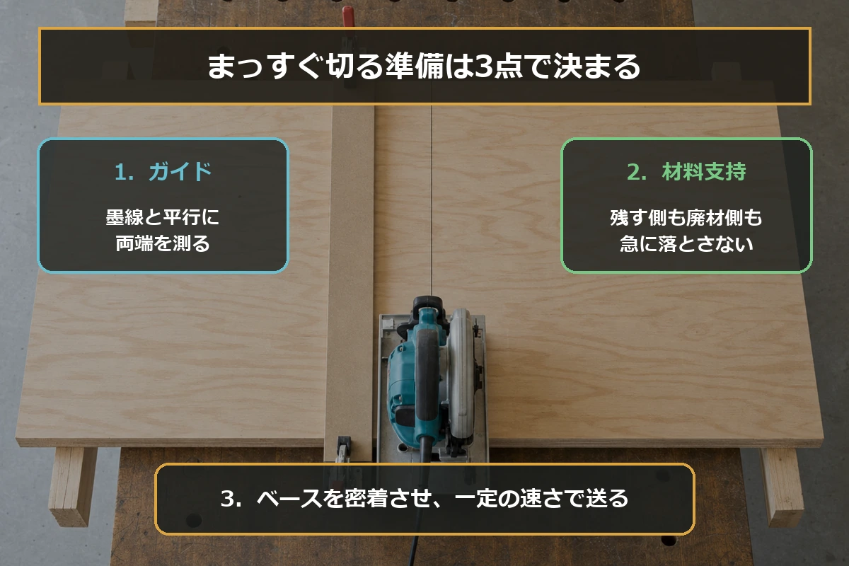 丸ノコで木材をまっすぐ切るためのガイド、材料支持、ベース密着を示した図解