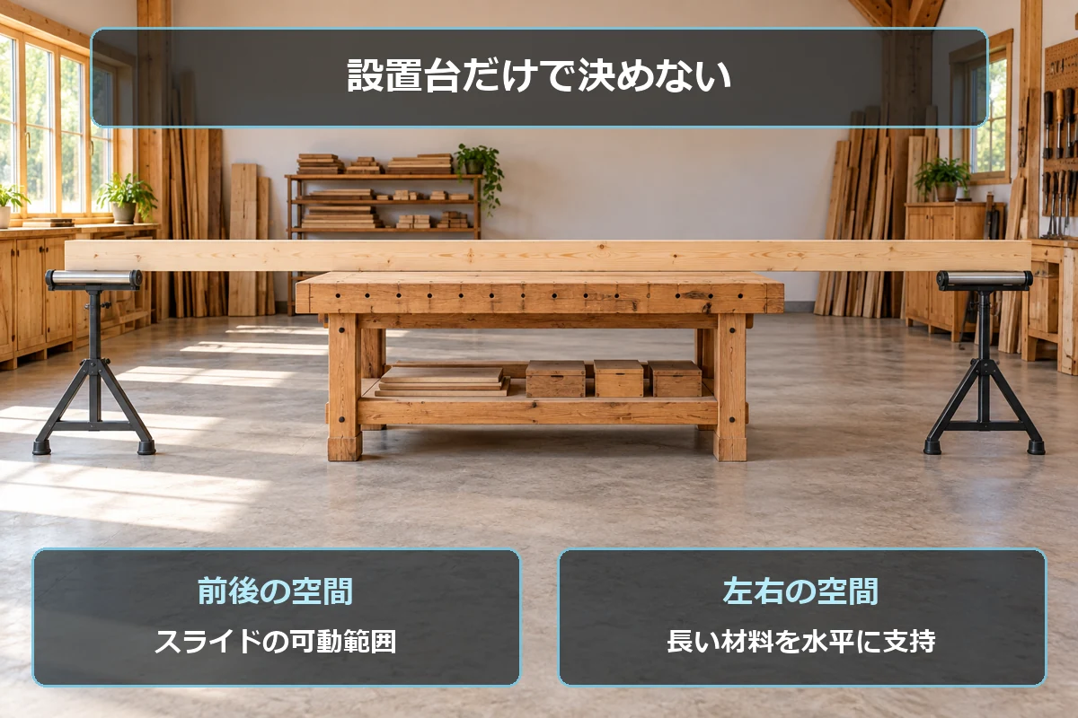 卓上機の設置で前後の可動範囲と左右の長材支持を確認する図解。作業場所のイメージ