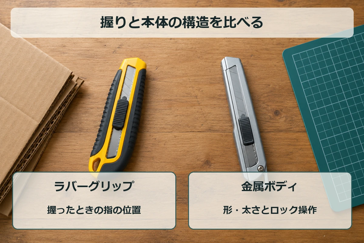 ラバーグリップと金属ボディの違いを、握りと本体の構造から比べる図解