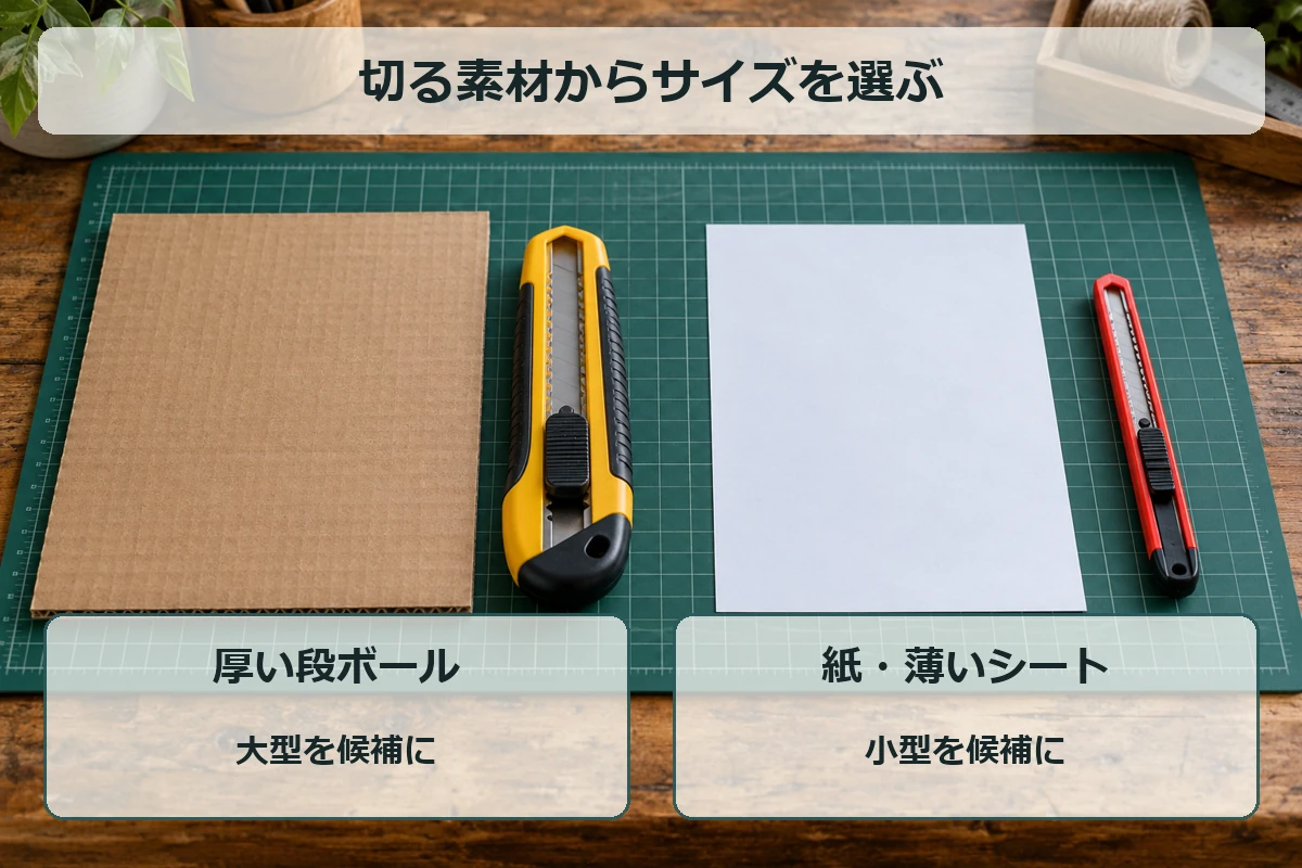 段ボールには大型、紙や薄物には小型のカッターナイフを選ぶ比較図