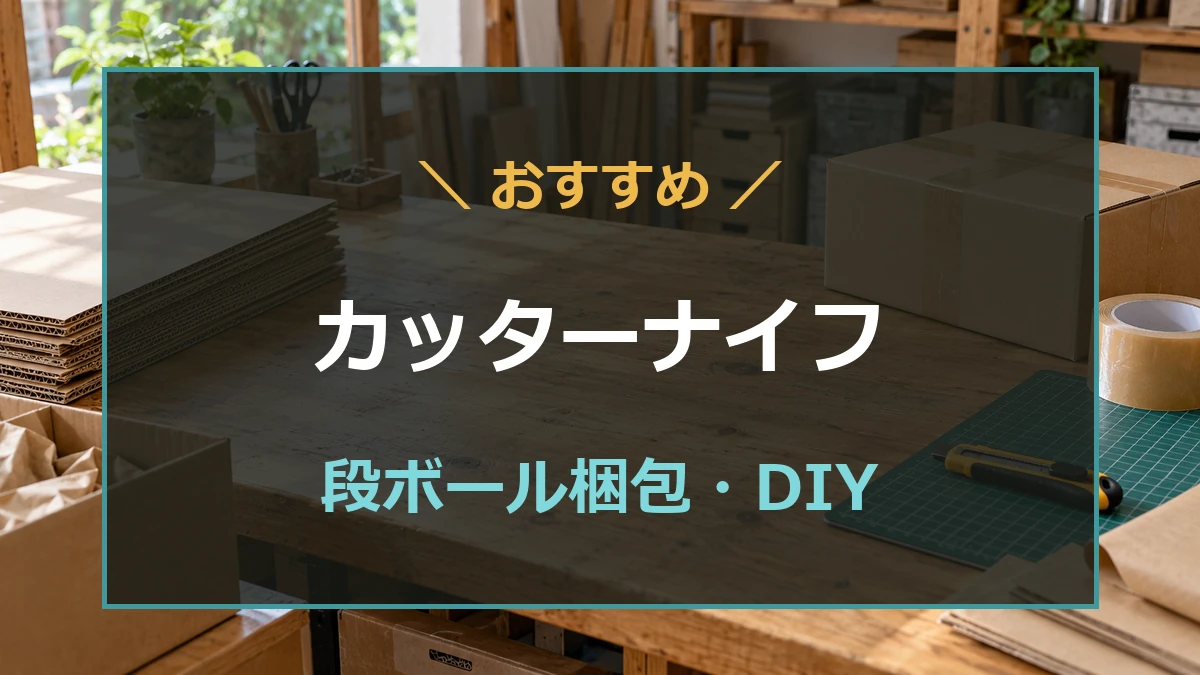 段ボールや梱包テープを並べた作業台のカッターナイフ