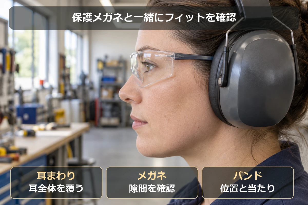 保護メガネのツル、耳まわりの密着、ヘッドバンドの当たりを確認するイヤーマフの選び方