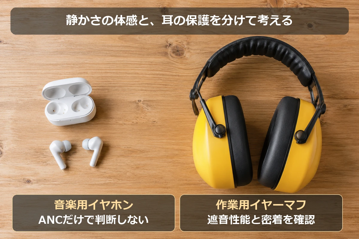 音楽用イヤホンのノイズキャンセリングと、遮音性能が示された聴覚保護具の役割の違い