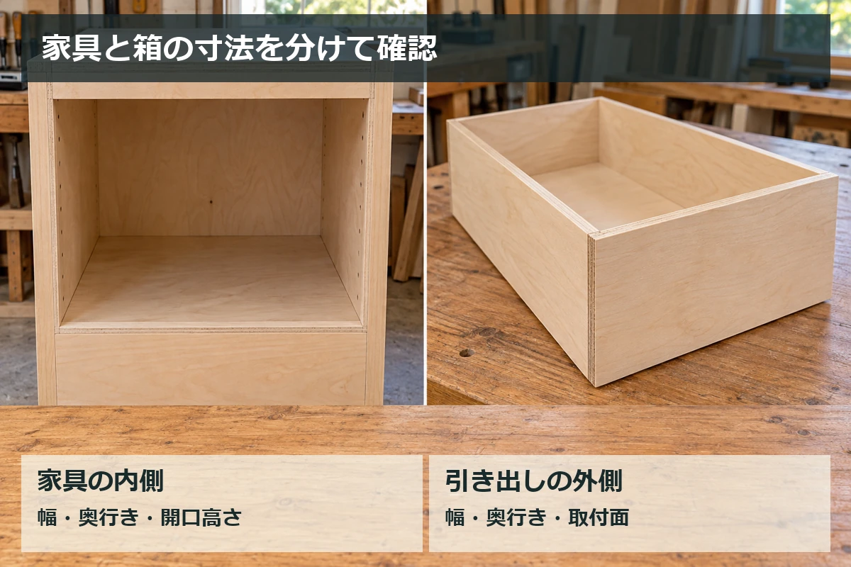 収納家具の開口と別の引き出し箱を比較し、家具の内寸と箱の外寸を分けて考える図解