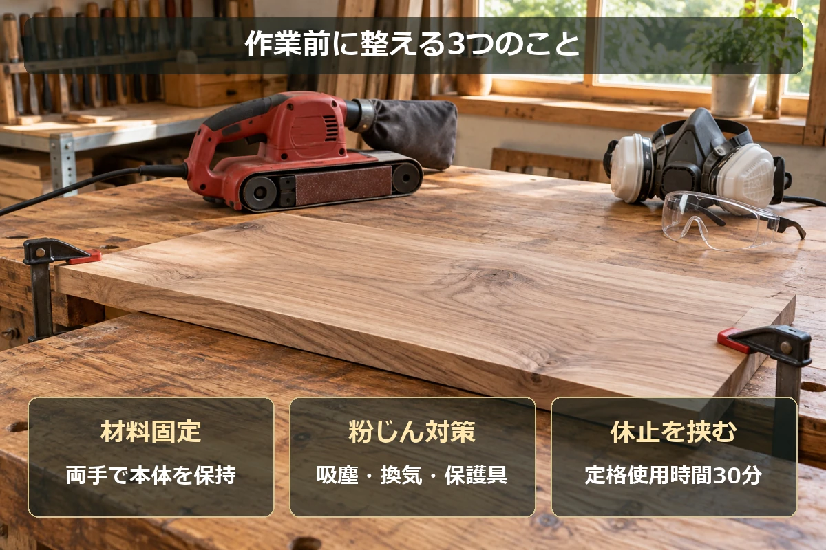 ベルトサンダーの作業場所を整える、材料固定・粉じん対策・休止の3つの確認点