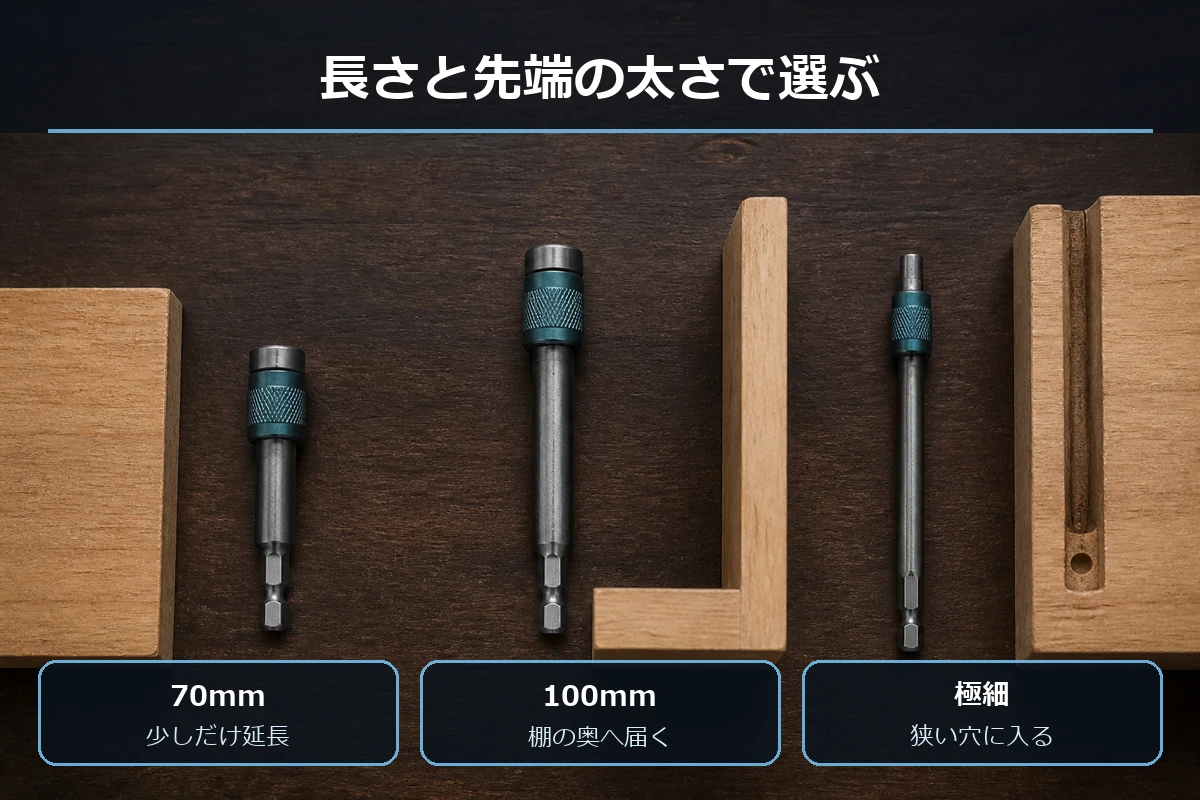70mmと100mmの長さ、極細先端の使い分けを示す図
