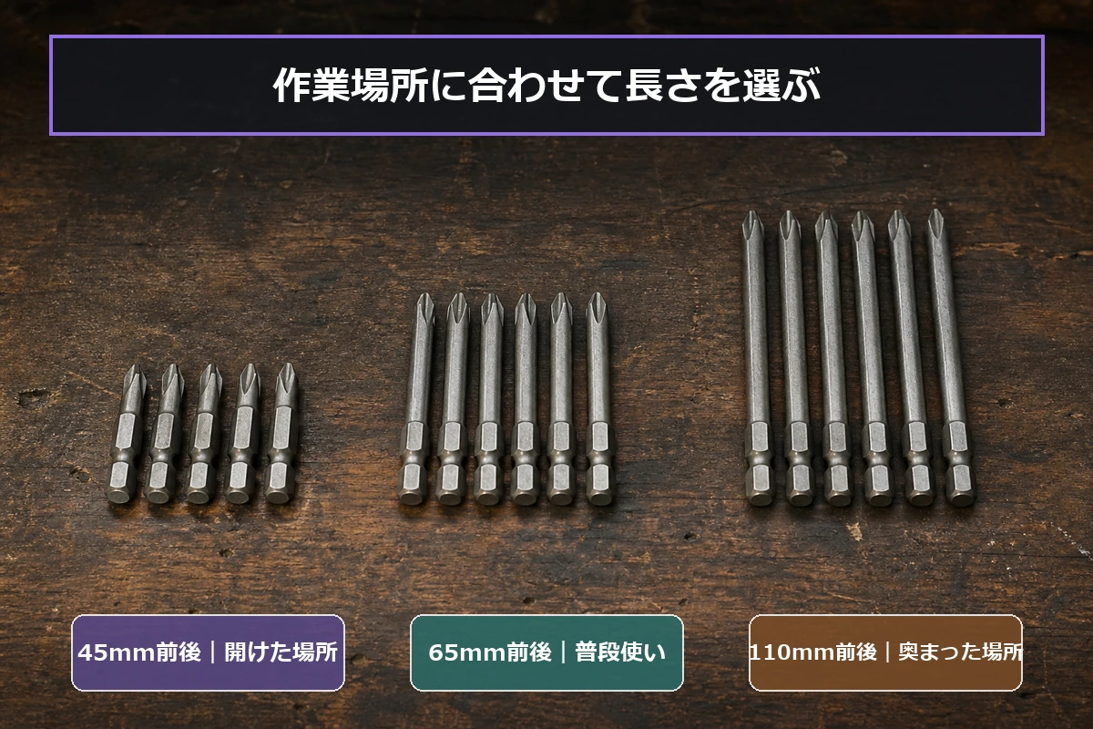 45mmと65mmと110mmのドライバービットを作業場所で選ぶ図解