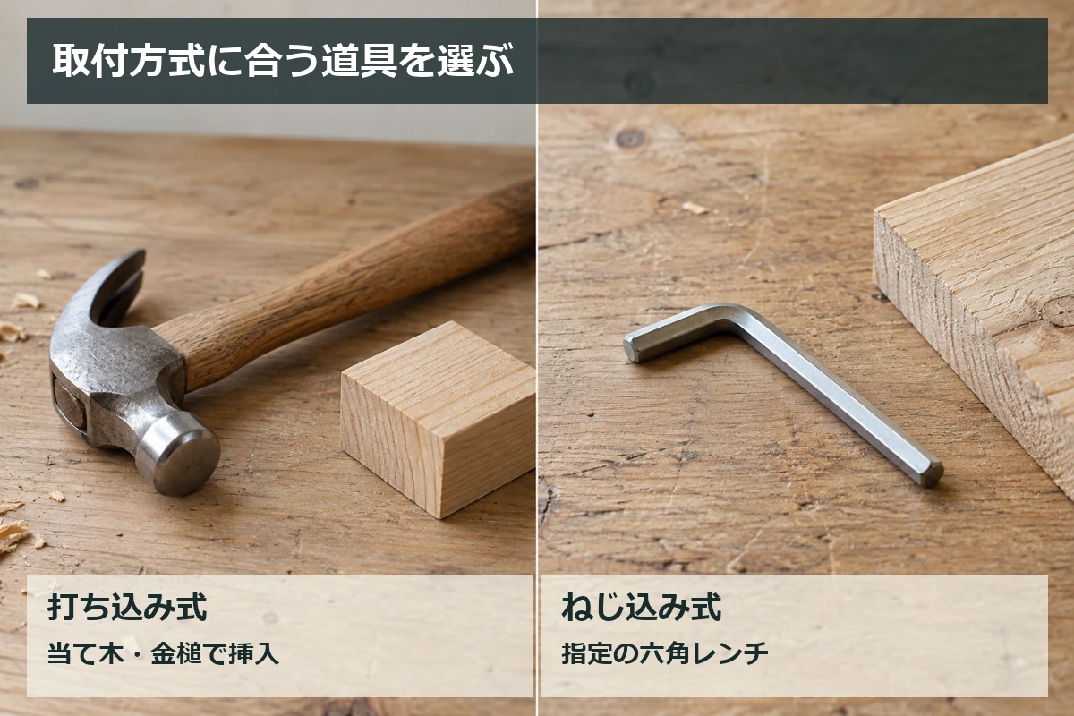 当て木と金槌、六角レンチを並べ、打ち込み式とねじ込み式で用意する道具の違いを示す図解