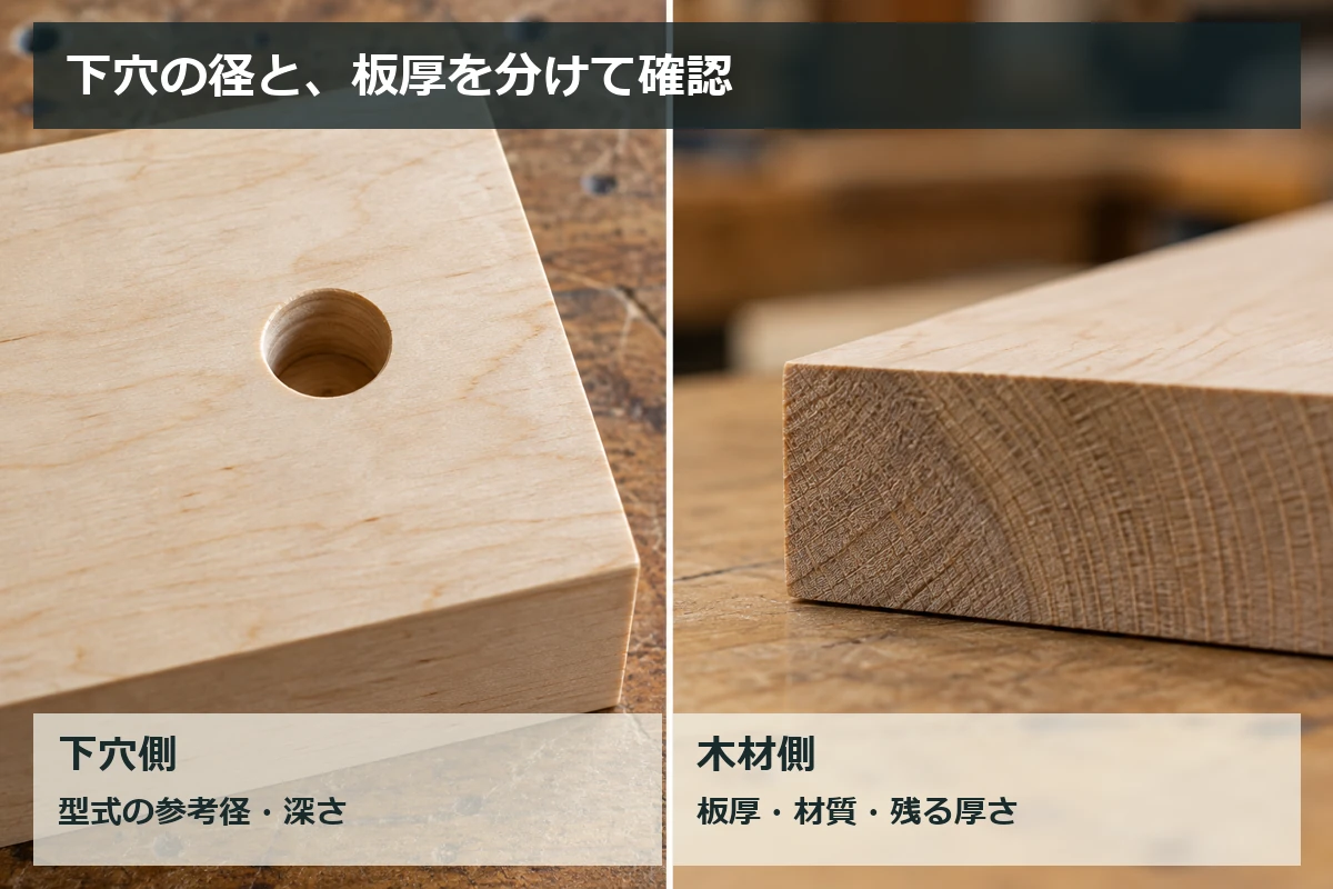 木材の下穴と別の板材の側面を比較し、下穴の径・深さと板厚を分けて確認する図解