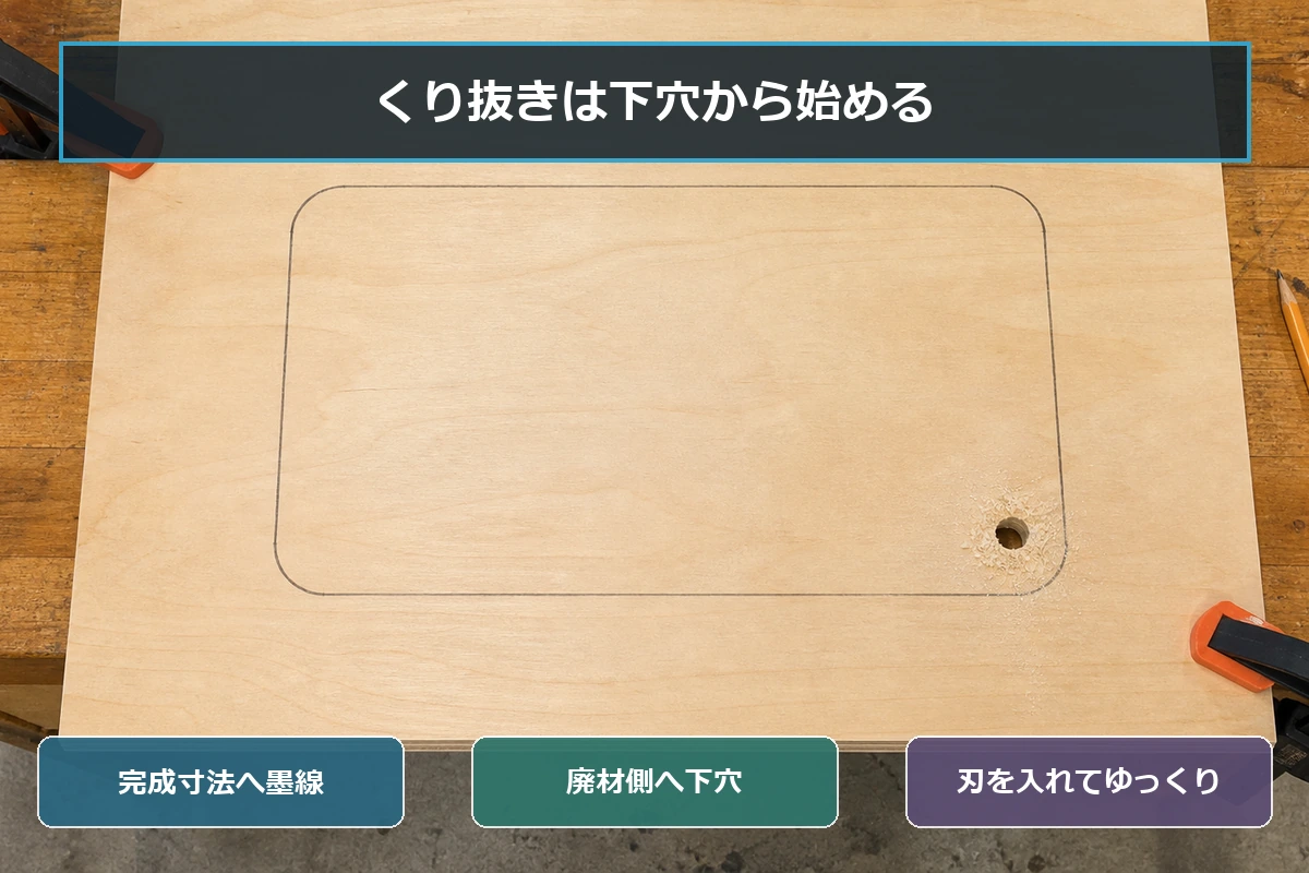 合板に開口の墨線を引き、廃材側へジグソーのブレードを入れる下穴をあけた図解