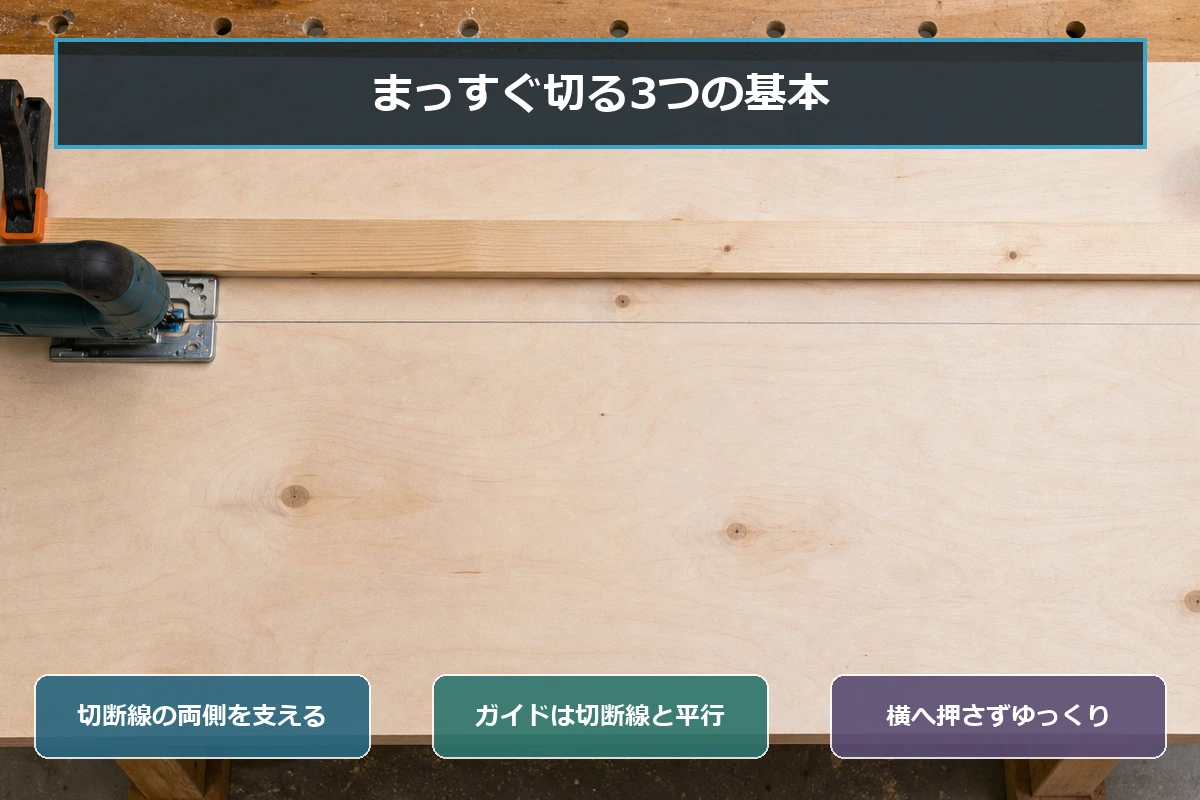ジグソーでまっすぐ切るために、両側支持・平行ガイド・ゆっくり送る操作を示した図解