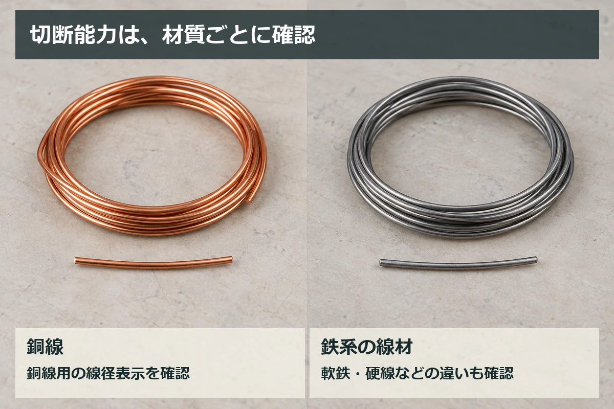 銅線と鉄系の線材を別々に置き、線材の材質と直径を確認して選ぶことを示す図解