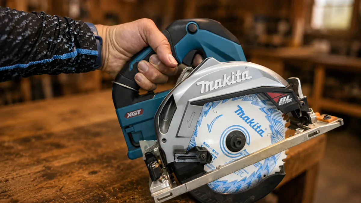 筆者が使っているマキタHS001G 40Vmax 165mm充電丸ノコの実機写真