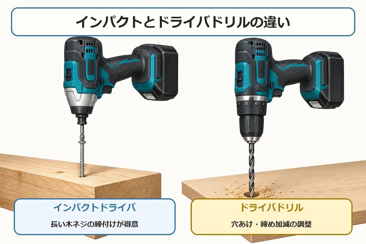 ドライバドリルとインパクトドライバの用途の違いを比べた図解