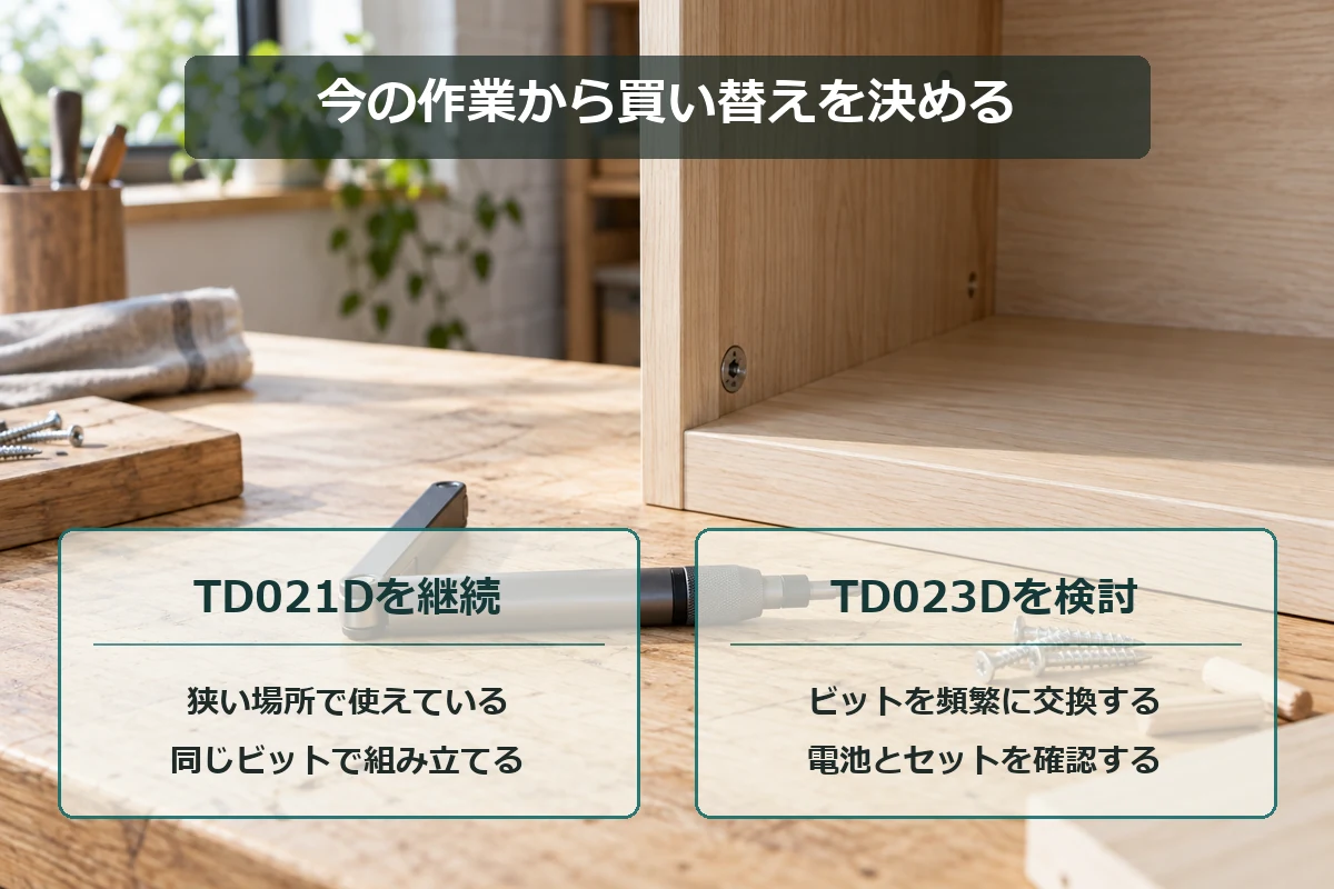 TD021Dを使い続ける場合とTD023Dを検討する場合の判断を示す図解
