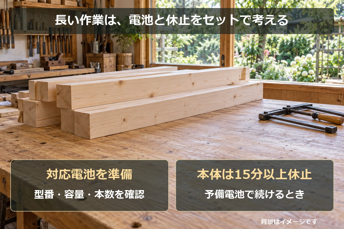 長い作業に備えて対応電池を用意し、予備電池で続ける際は本体を15分以上休止するという2つの確認点