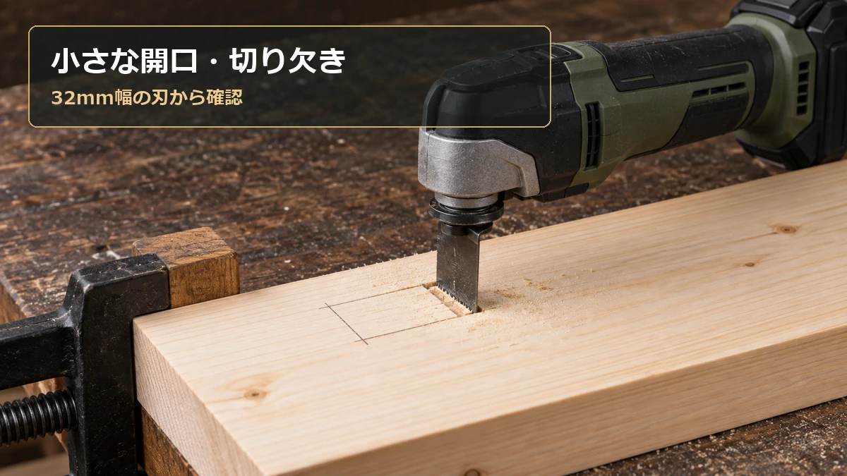 木材の小さな開口では32mm幅の刃を候補にすることを示すイメージ図
