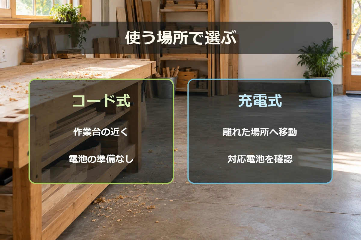 作業台近くならコード式、移動するなら充電式という木工ブロワの選び方を示す図解
