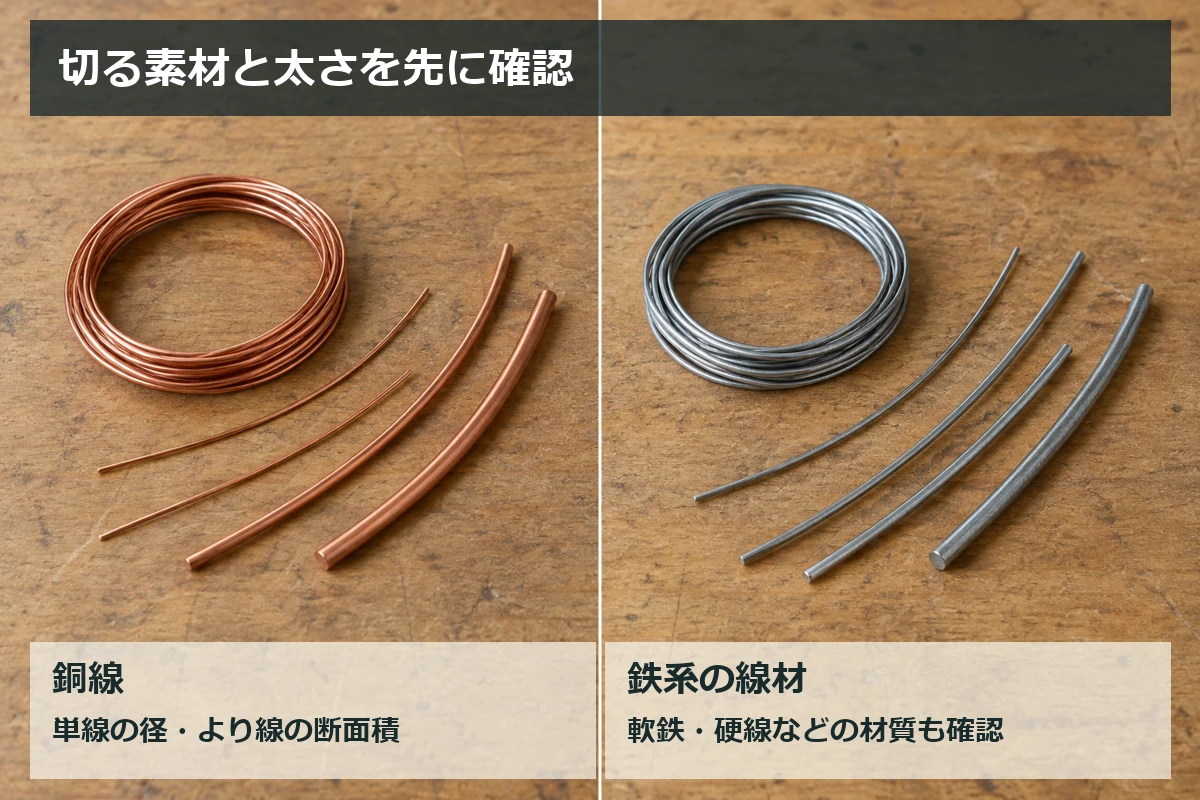 銅線と鉄系の針金を左右に分け、材質ごとの切断能力を確認することを示す図解