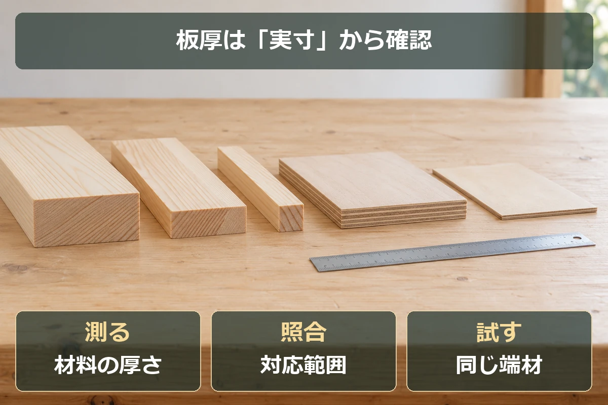 材料の厚さを測り、ジグの対応範囲と照合して端材で試す流れ
