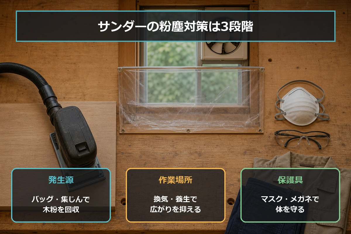 サンダーの粉塵対策を発生源で回収・周囲へ広げない・体へ入れないの3段階で示した図解