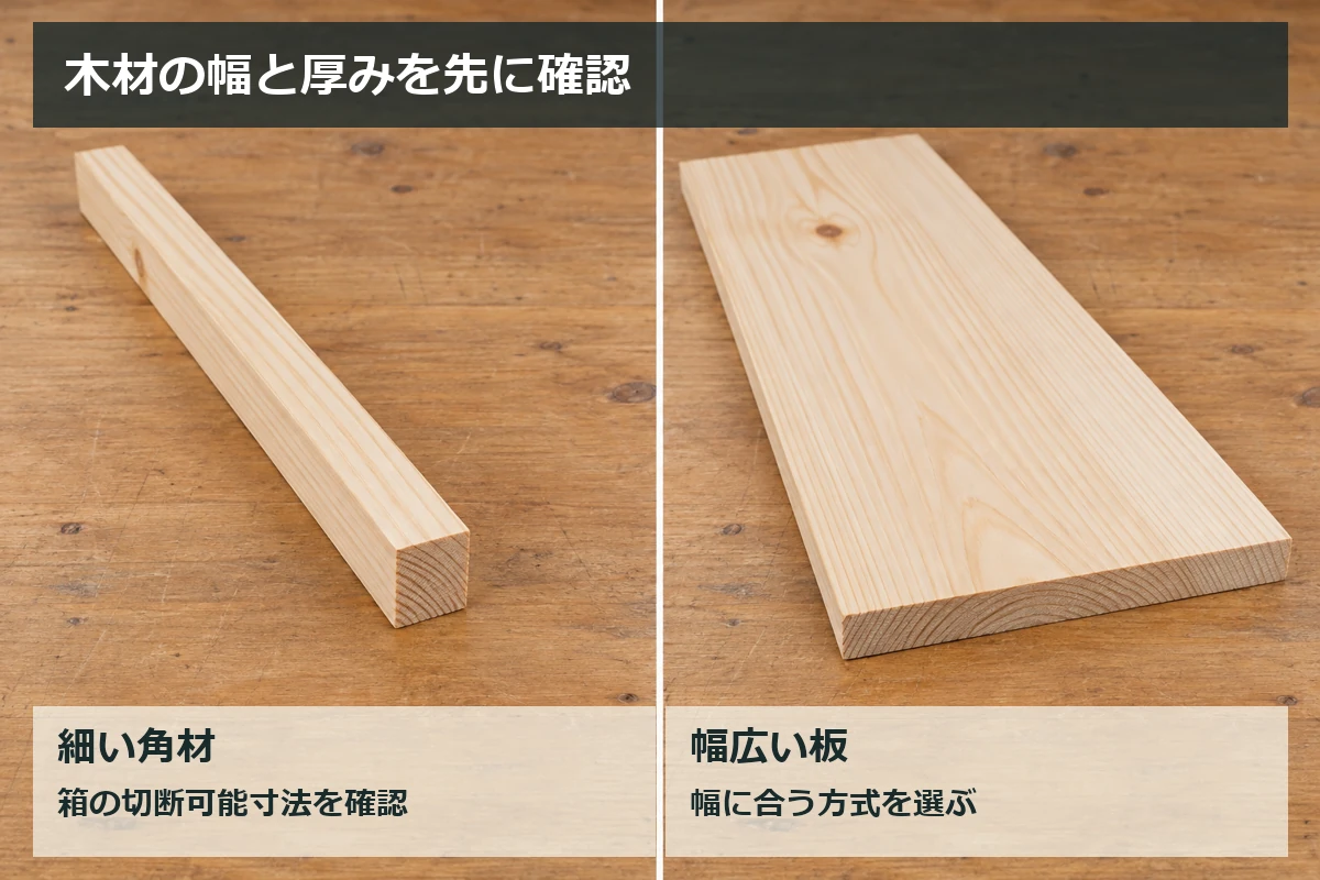 細い角材と幅広い板の幅・厚みを比較する図解