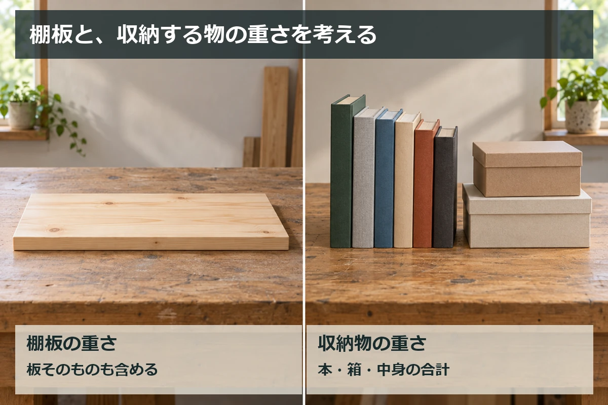 左に木製の棚板、右に本と収納箱を並べ、棚板と収納物の両方の重さを考える図解