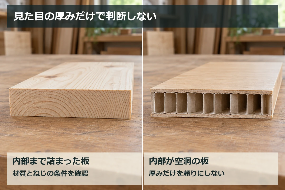 断面が詰まった木板と内部が空洞の板を並べ、見た目の厚みだけでは取付先を判断できないことを示す図解