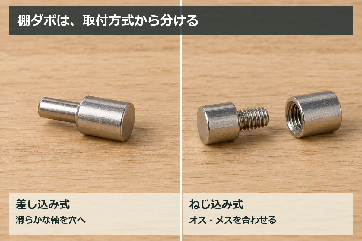 滑らかな差込軸の棚ダボと、ねじ山付きのオス部品とメス部品を並べて比較した図解