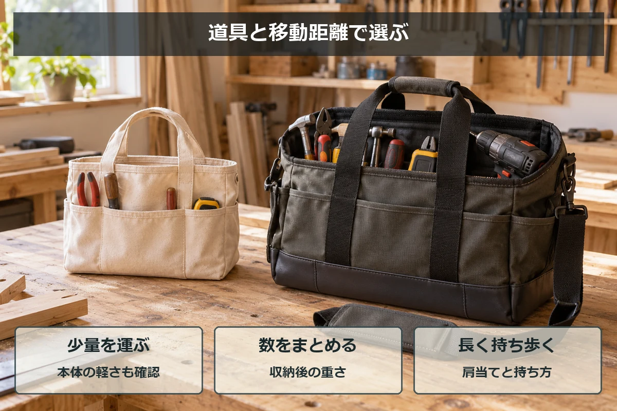 手工具だけを入れる小型トートと、電動工具も入る肩掛けバッグの収納量の違い