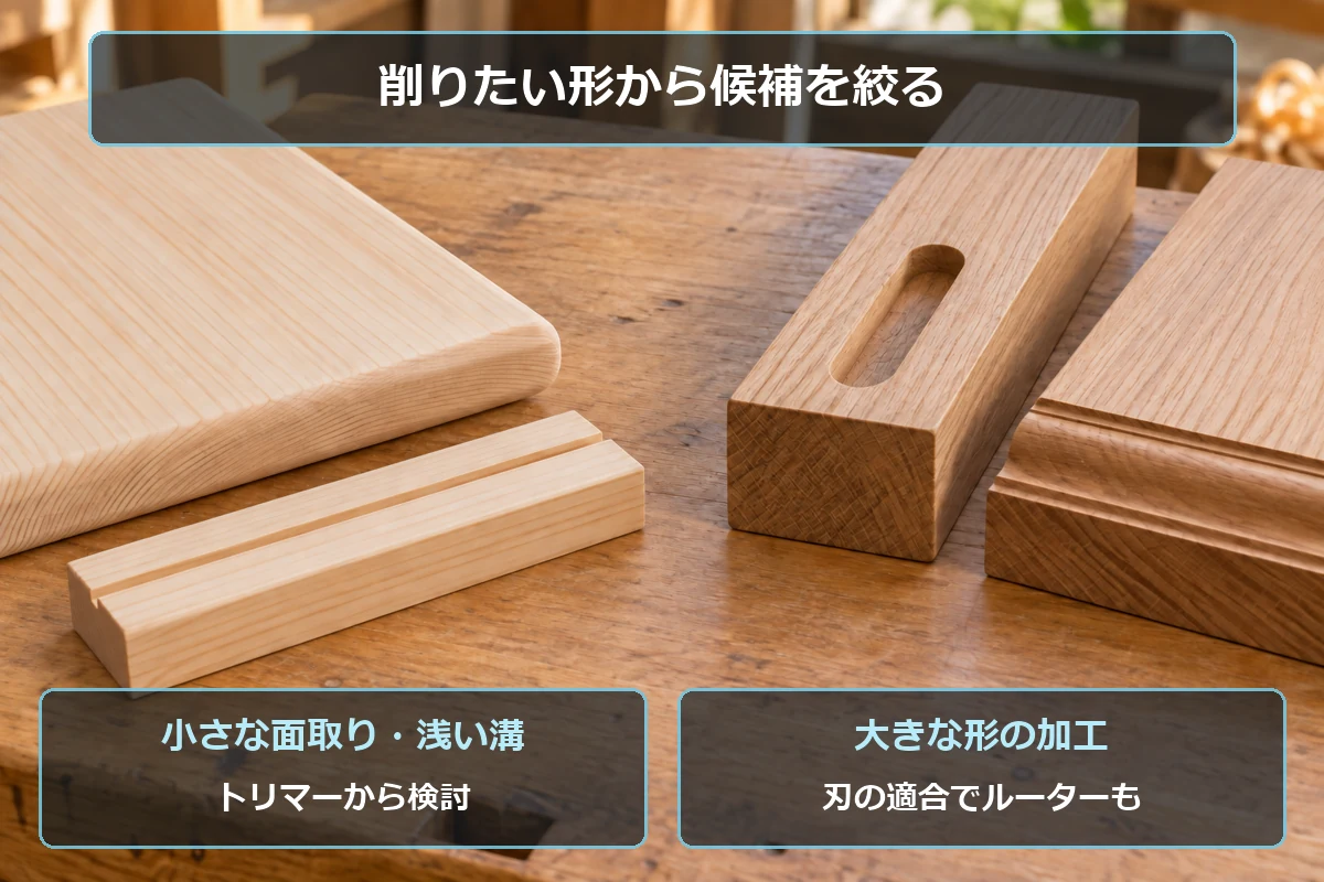 小さな面取りと浅い溝、大きな形状加工を比べて必要な工具を選ぶイメージ図解