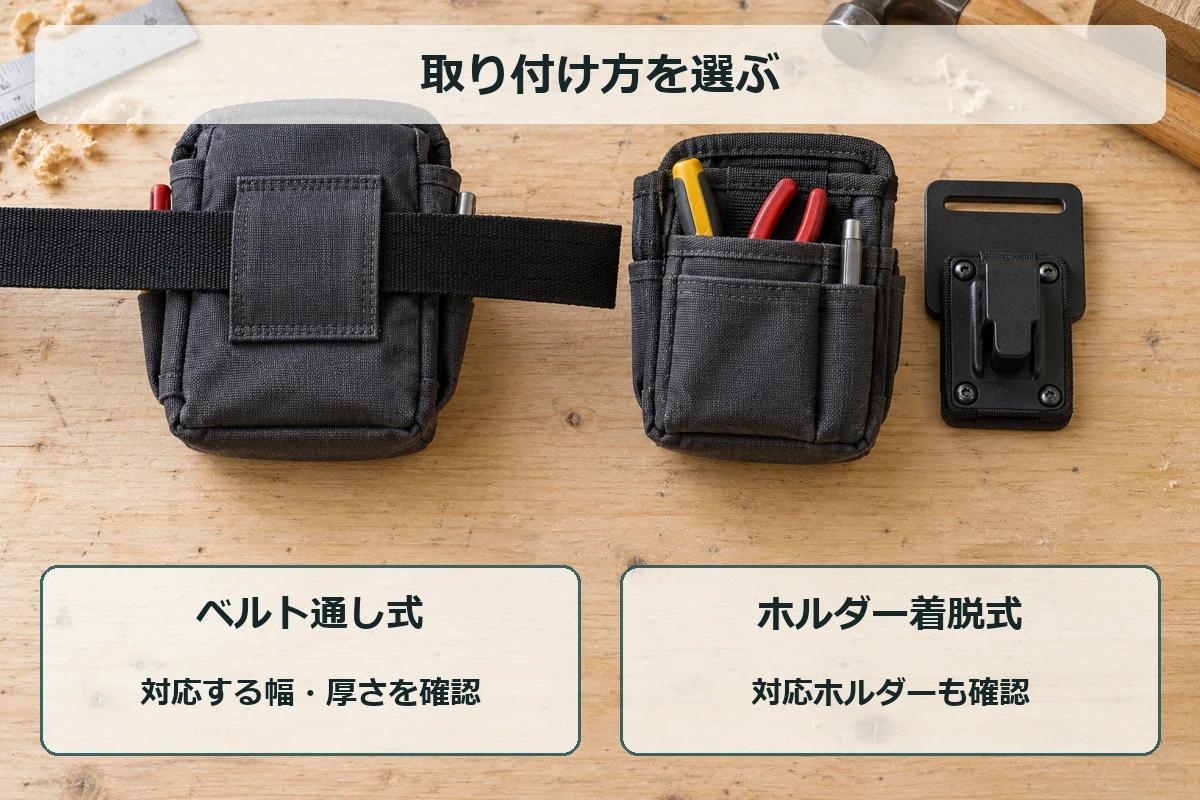 ベルト通しへ通す方式と専用ホルダーで着脱する方式を比較する腰袋の装着方法