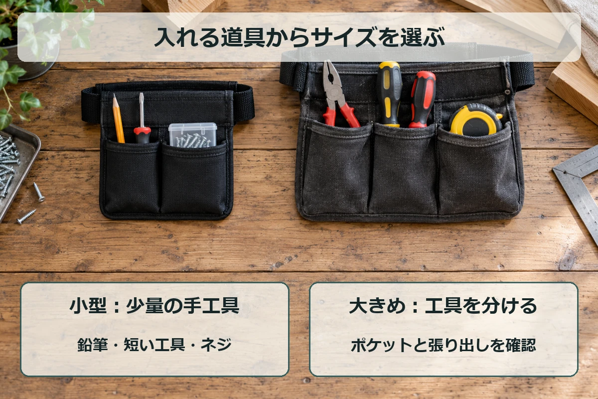 少量の手工具を入れる小型腰袋と複数の工具を分ける大きめの腰袋の選び分け