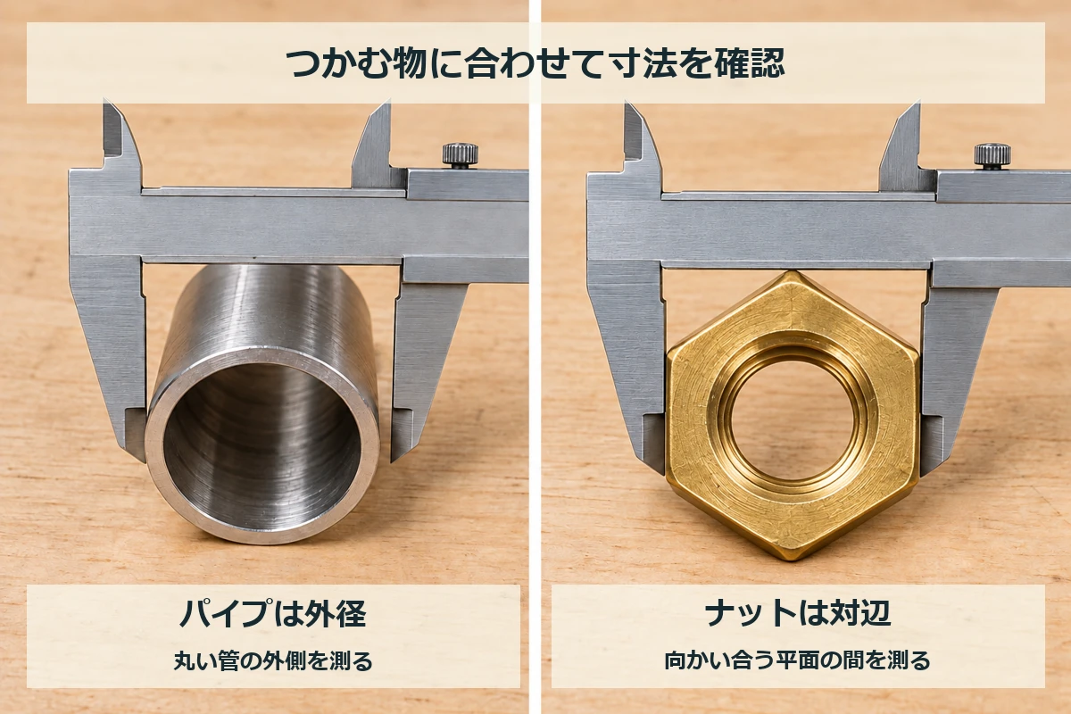 丸いパイプの外径と、六角ナットの向かい合う平面間の幅を測る場所を比較した図解イメージ