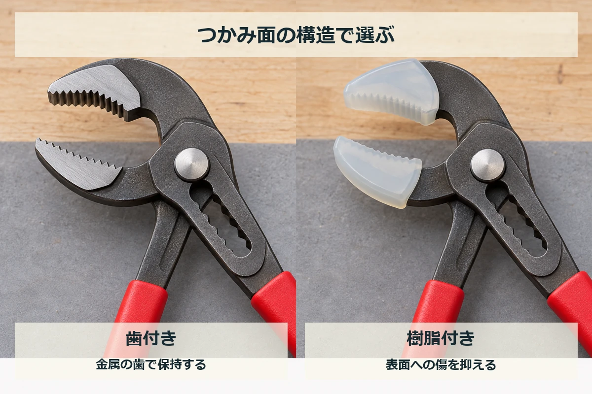 歯のある金属製の口と、両側のつかみ面を樹脂で覆った口の構造を比較する図解イメージ