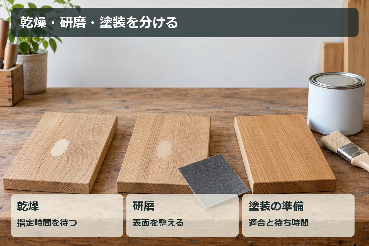 木工パテの充てん後に乾燥条件を確認し、研磨、適合する塗料での仕上げへ進む流れの図解