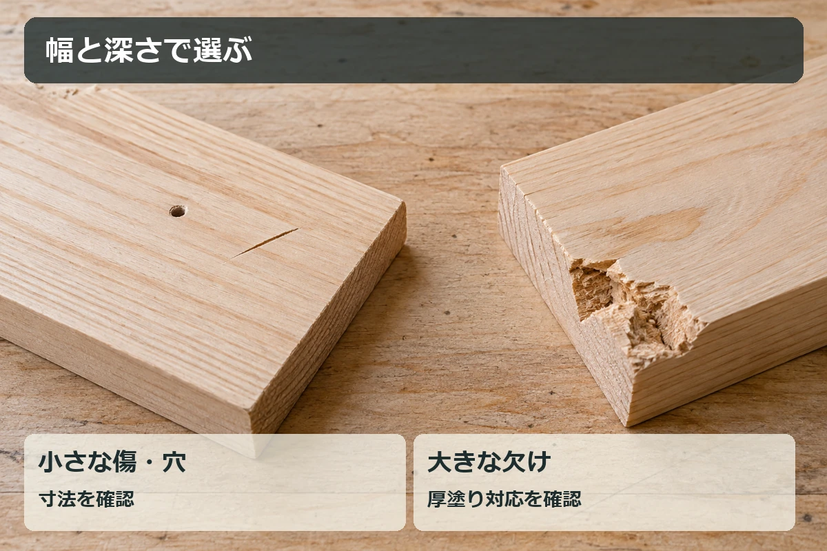 小さな穴と大きな欠けを比べ、幅と深さからパテを選ぶポイントを示す図解