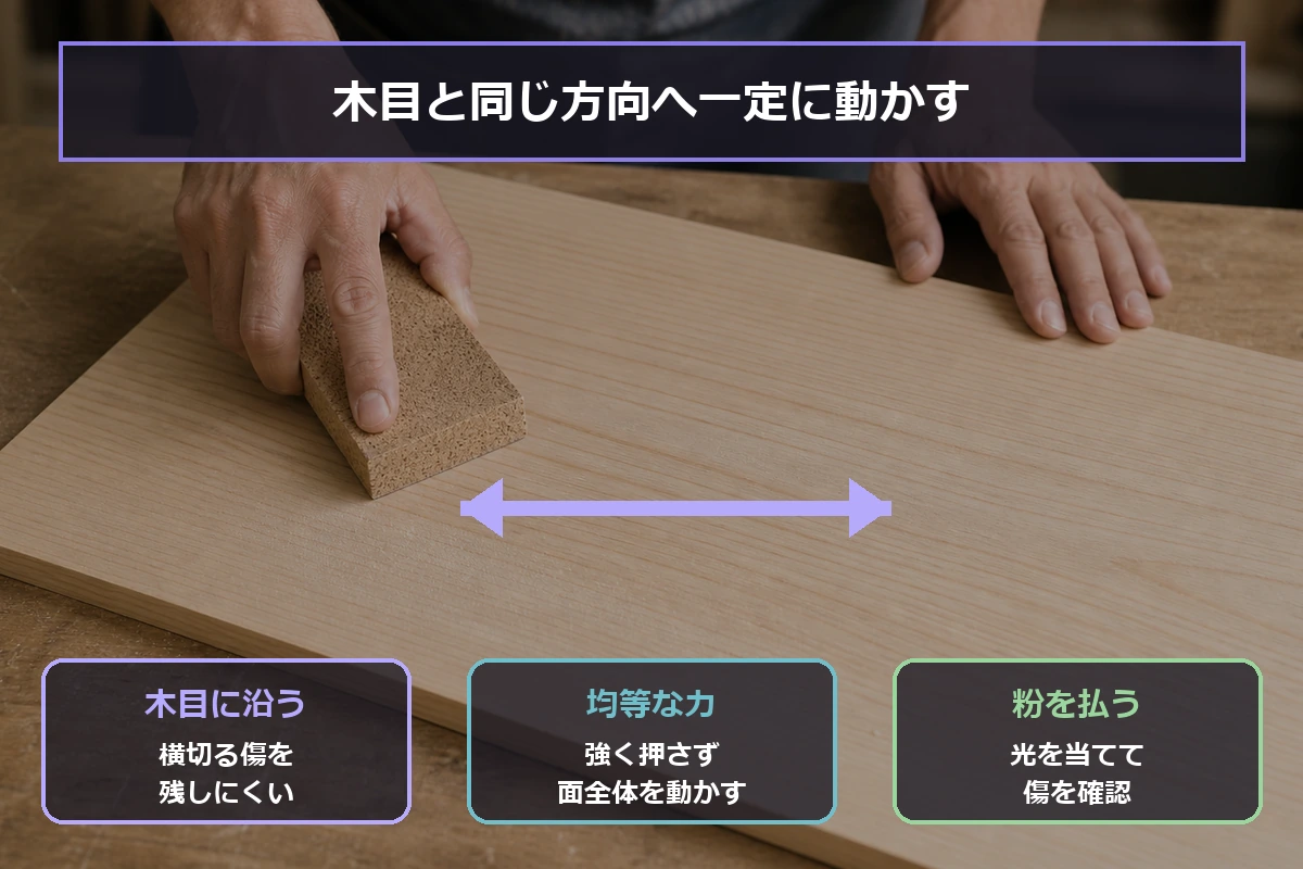 サンディングブロックを木目と同じ方向へ動かし、均等な力で研磨して粉を払って確認する手順の図解