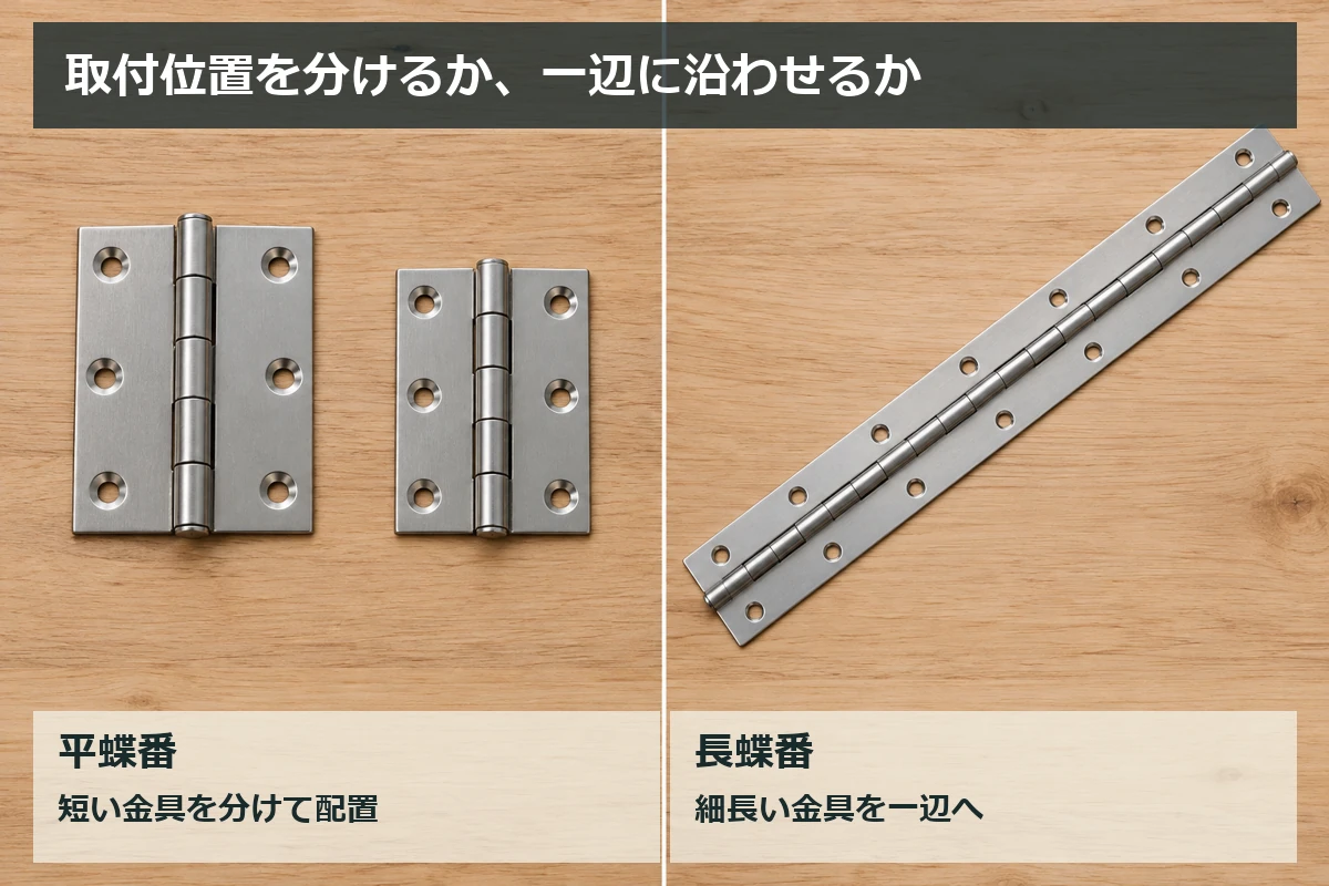 短い平蝶番2個と、軸方向に長い長蝶番1本の形状を比較する図解