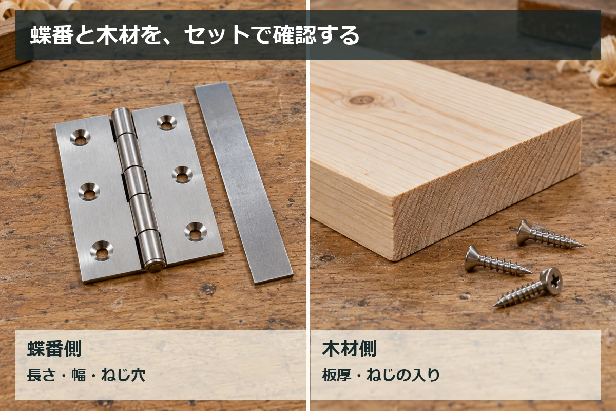 蝶番の羽根とねじ穴、木材の板厚と取付ねじを分けて確認する図解